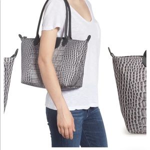 Longchamp Gray Croc-Embossed Leather Tote with Black Handles
